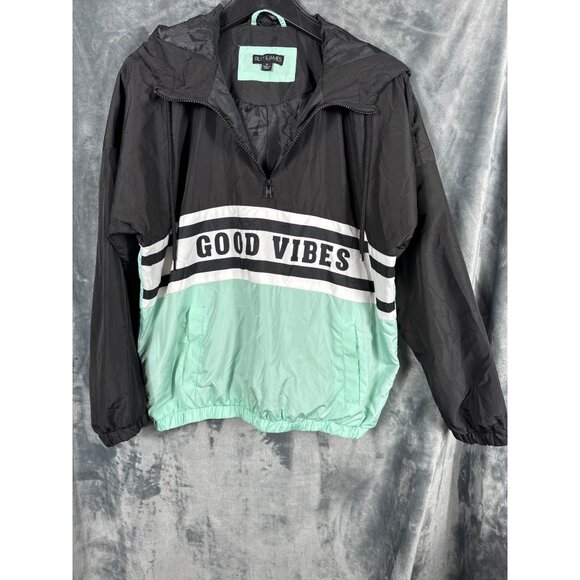 Riley & James Windbreaker Jacket Woman's "Good Vibes" M Black & Mint - Picture 1 of 10